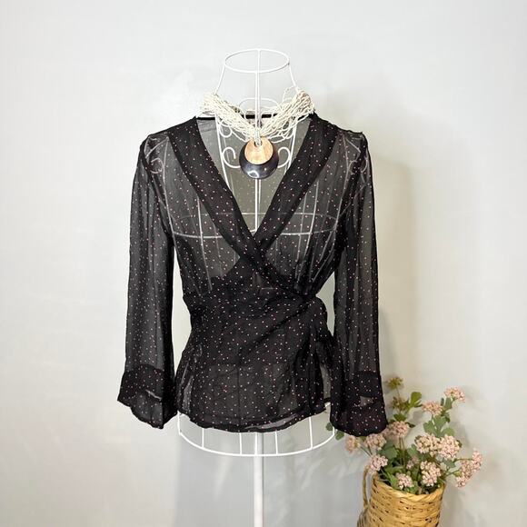 Hot pink & black polka dot silky vintage 90s wrap tie long sleeve blouse top - Picture 6 of 6